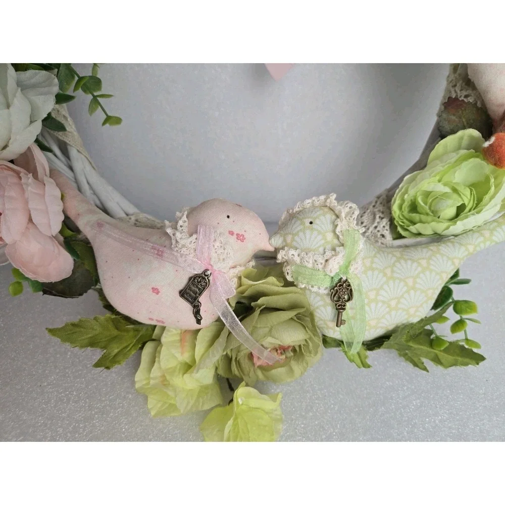 Handmade Door Wreath Love Birds Soft Pink Green Spring Time Floral Wreath 15